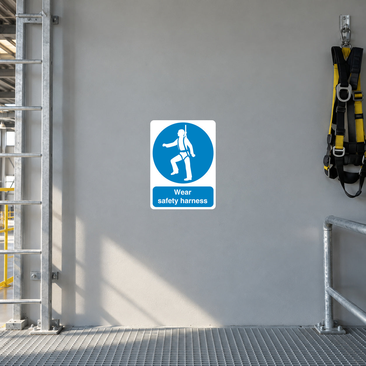 Safety sign sticker with blue harness icon and text “Wear safety harnesses”