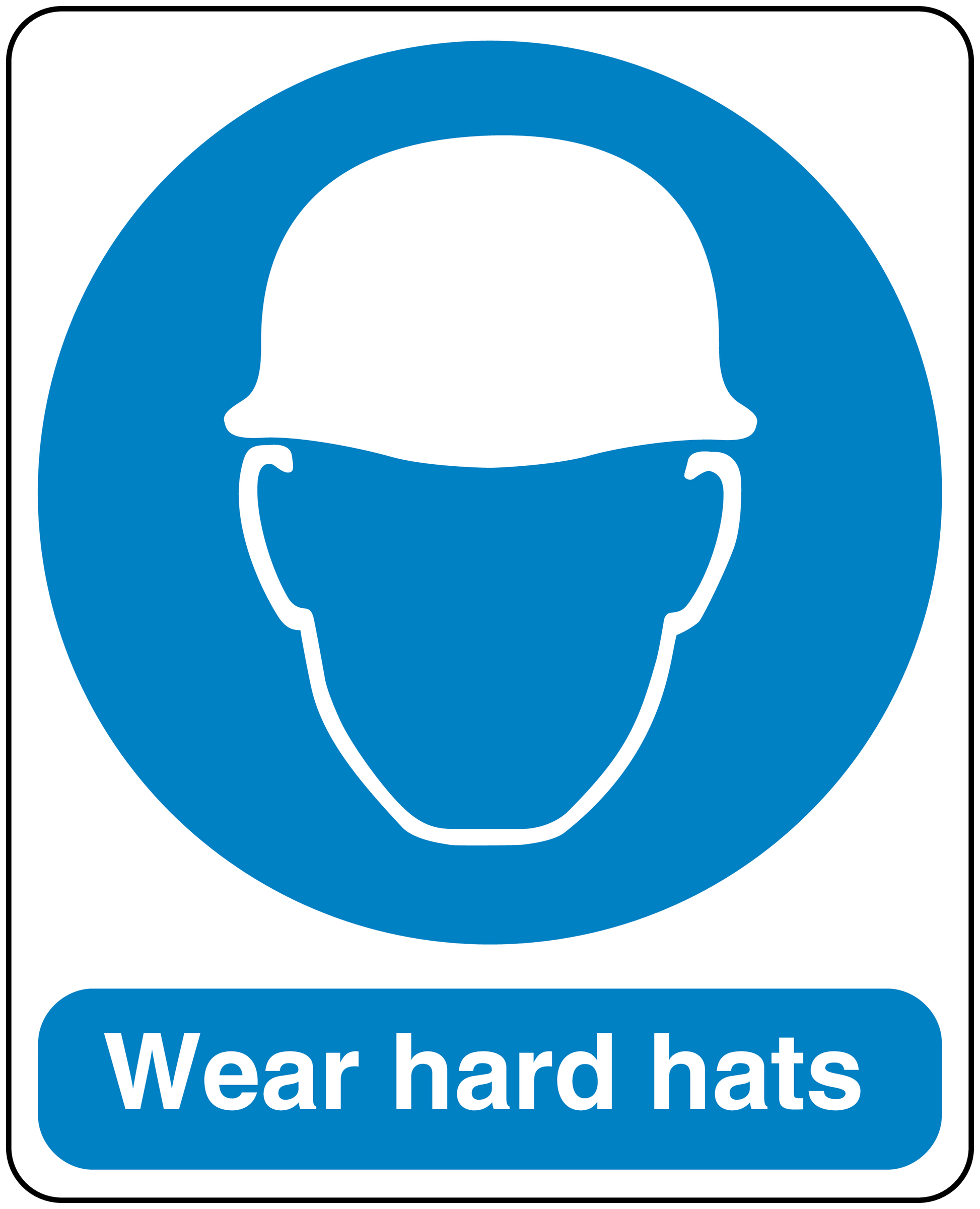 Safety sign sticker with blue hard hat icon and 'Wear hard hats' text