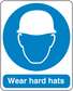 Safety sign sticker with blue hard hat icon and 'Wear hard hats' text