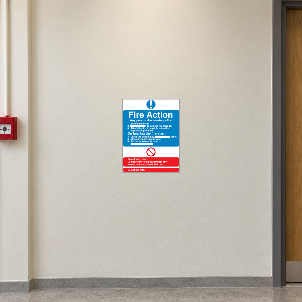 Fire Action safety sign sticker with flame icon and emergency instructions
