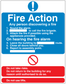 Fire Action safety sign sticker with blue instruction panel and red do-not notice bars.