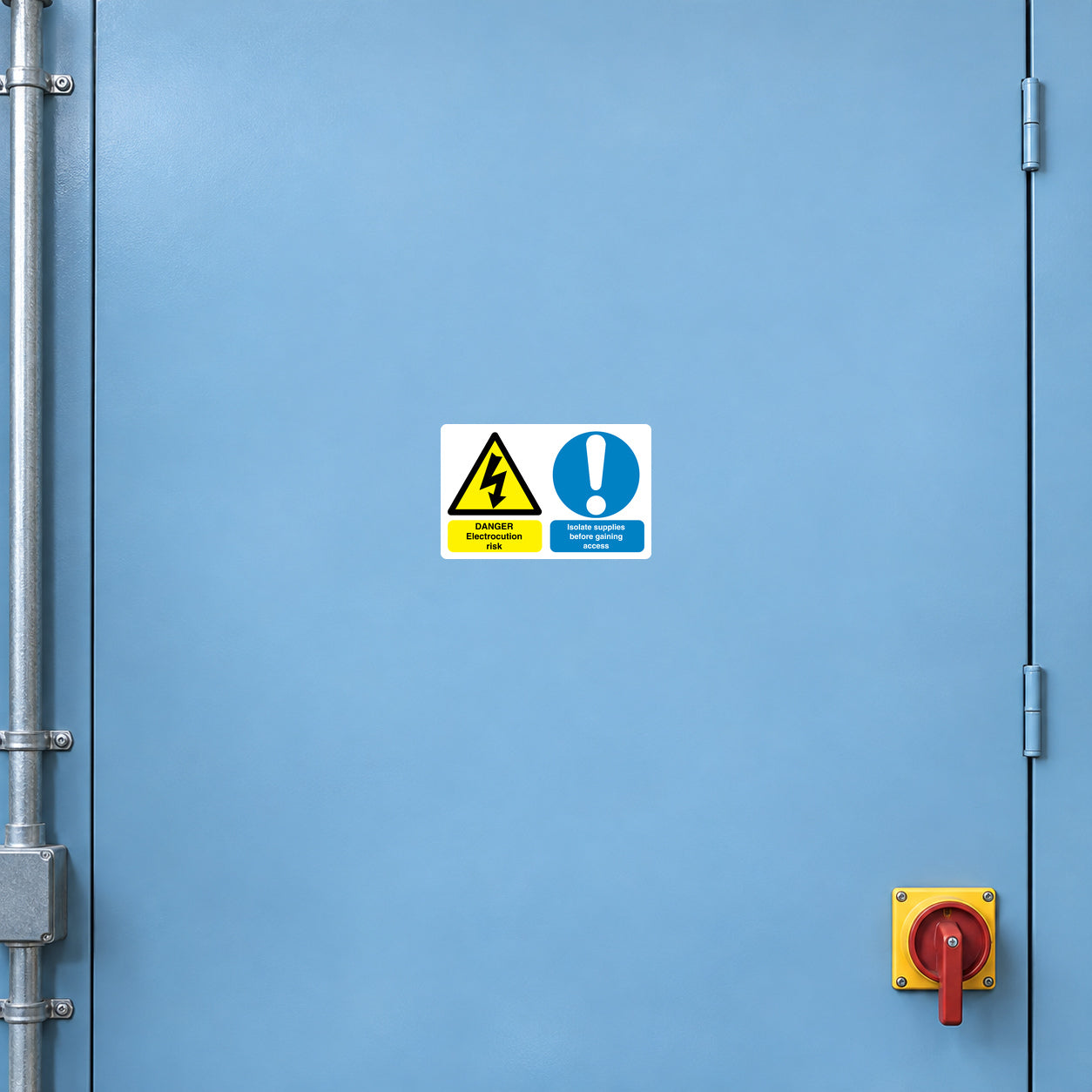 Safety sign sticker with yellow lightning hazard triangle and blue exclamation alert icon
