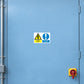 Safety sign sticker with yellow lightning hazard triangle and blue exclamation alert icon
