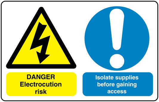 Safety sign sticker with yellow danger triangle and blue exclamation warning