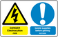Safety sign sticker with yellow danger triangle and blue exclamation warning