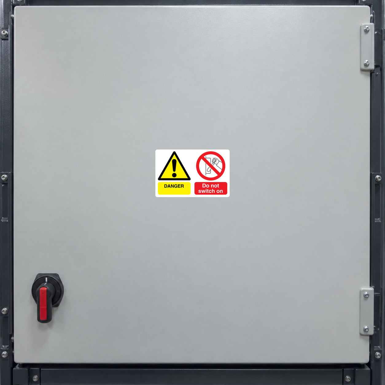 Safety sign sticker with yellow danger triangle and red do-not-switch-on icon