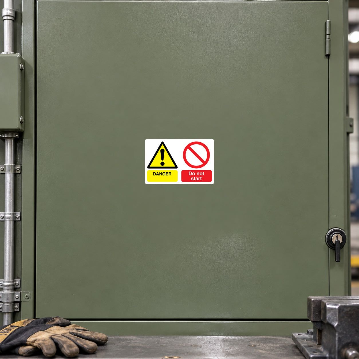 Safety sign sticker with yellow warning triangle, DANGER text, and red Do not start symbol