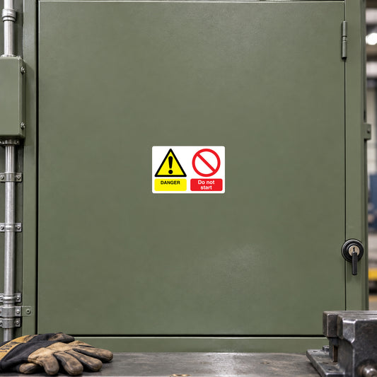 Safety sign sticker with yellow warning triangle, DANGER text, and red Do not start symbol