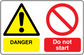 Safety sign sticker with warning triangle and do not start no symbol