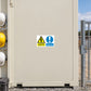 Safety sign sticker with yellow caution triangle and blue Keep out notice