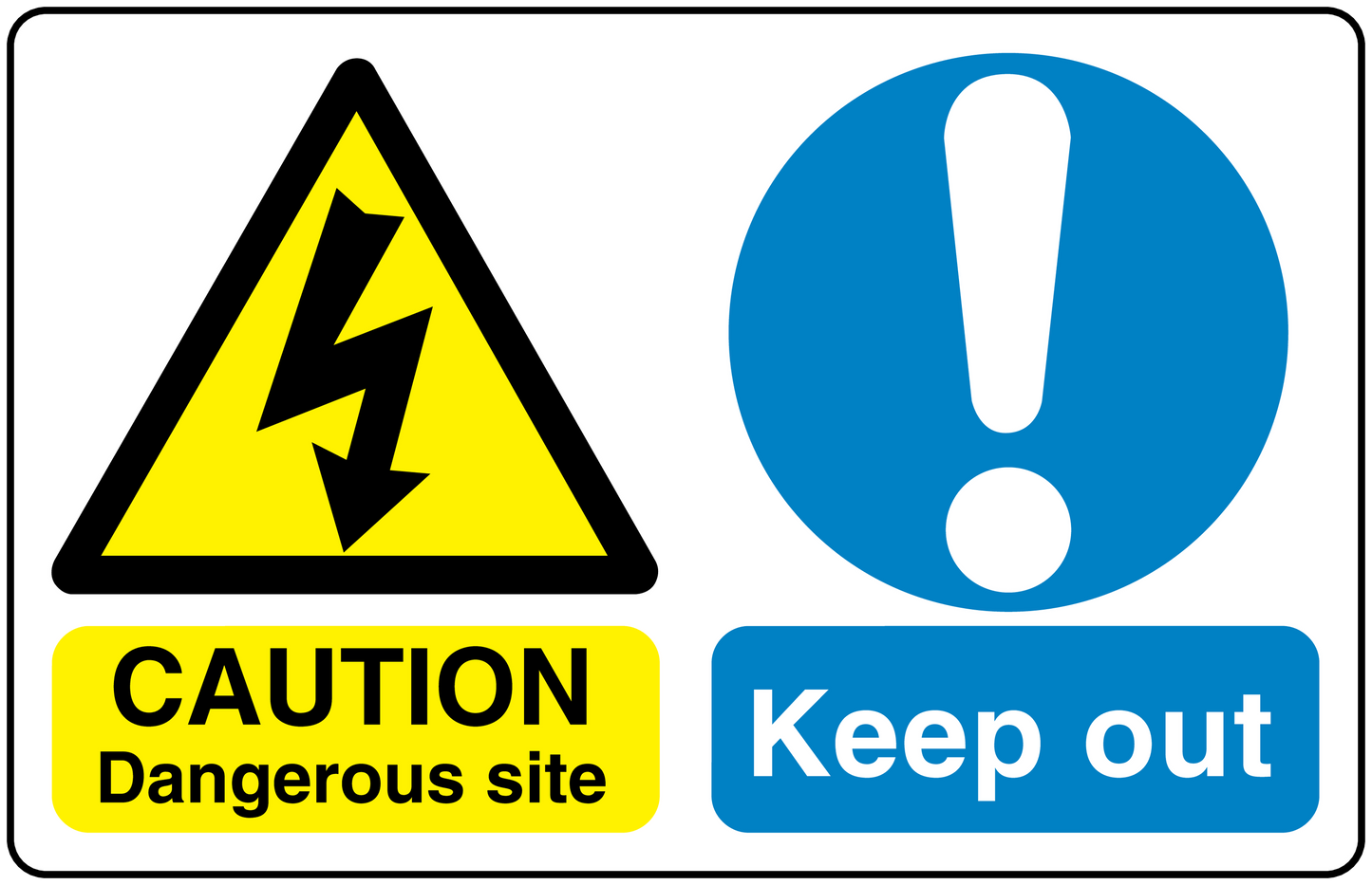 Safety sign sticker with yellow caution triangle, black lightning, exclamation, and Keep out text