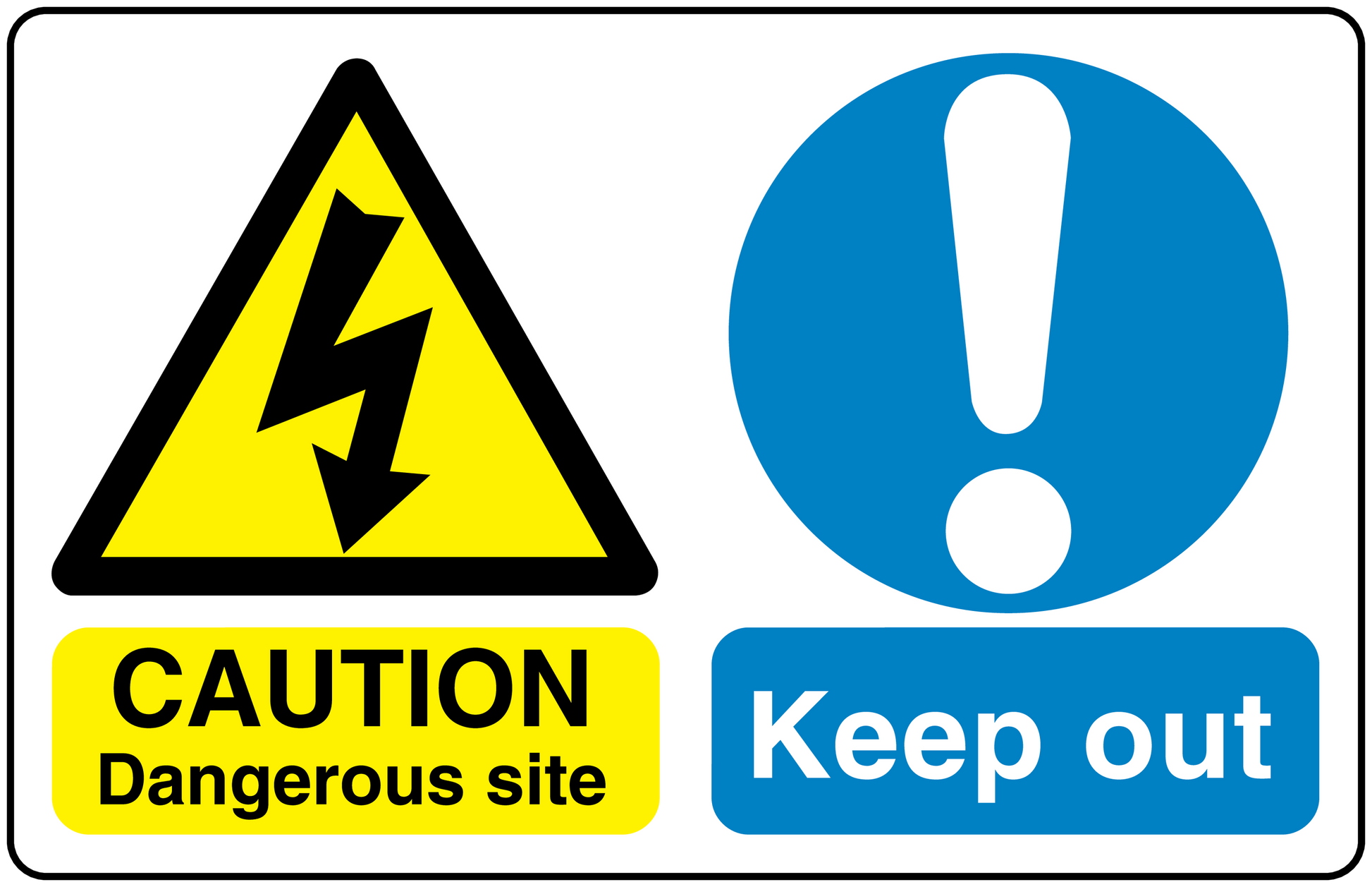 Safety sign sticker with yellow caution triangle, black lightning, exclamation, and Keep out text