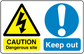 Safety sign sticker with yellow caution triangle, black lightning, exclamation, and Keep out text