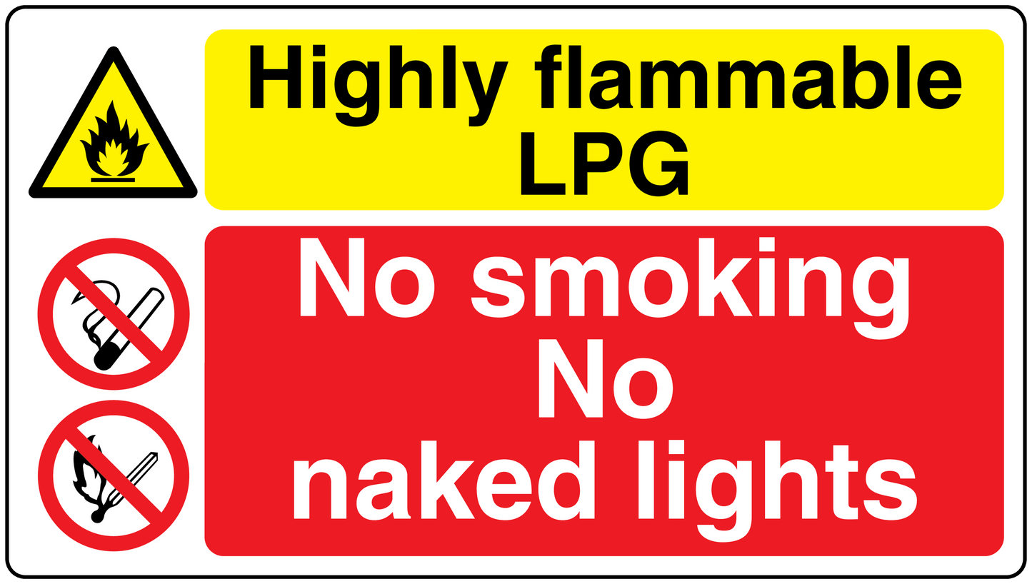 Safety sign sticker with yellow Highly flammable LPG and red No smoking No naked lights