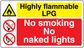 Safety sign sticker with yellow Highly flammable LPG and red No smoking No naked lights