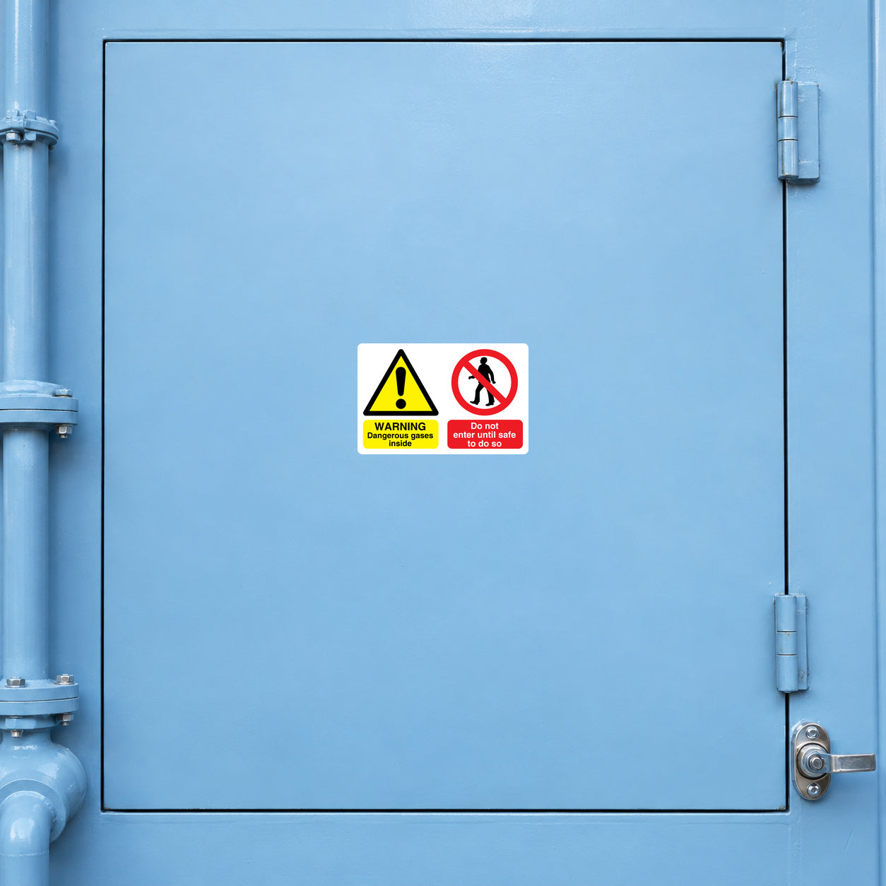 Safety sign sticker with yellow warning triangle and red no-entry symbol