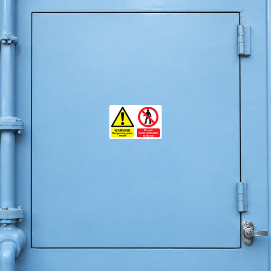 Safety sign sticker with yellow warning triangle and red no-entry symbol