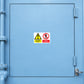 Safety sign sticker with yellow warning triangle and red no-entry symbol