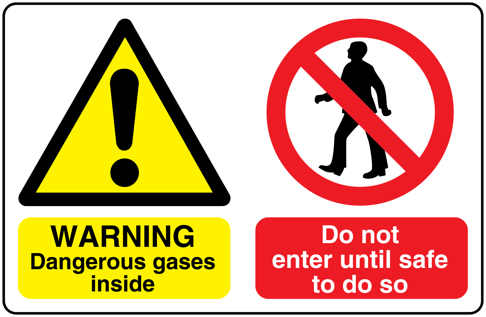 Warning safety sign sticker with yellow hazard triangle and red no-entry symbol text