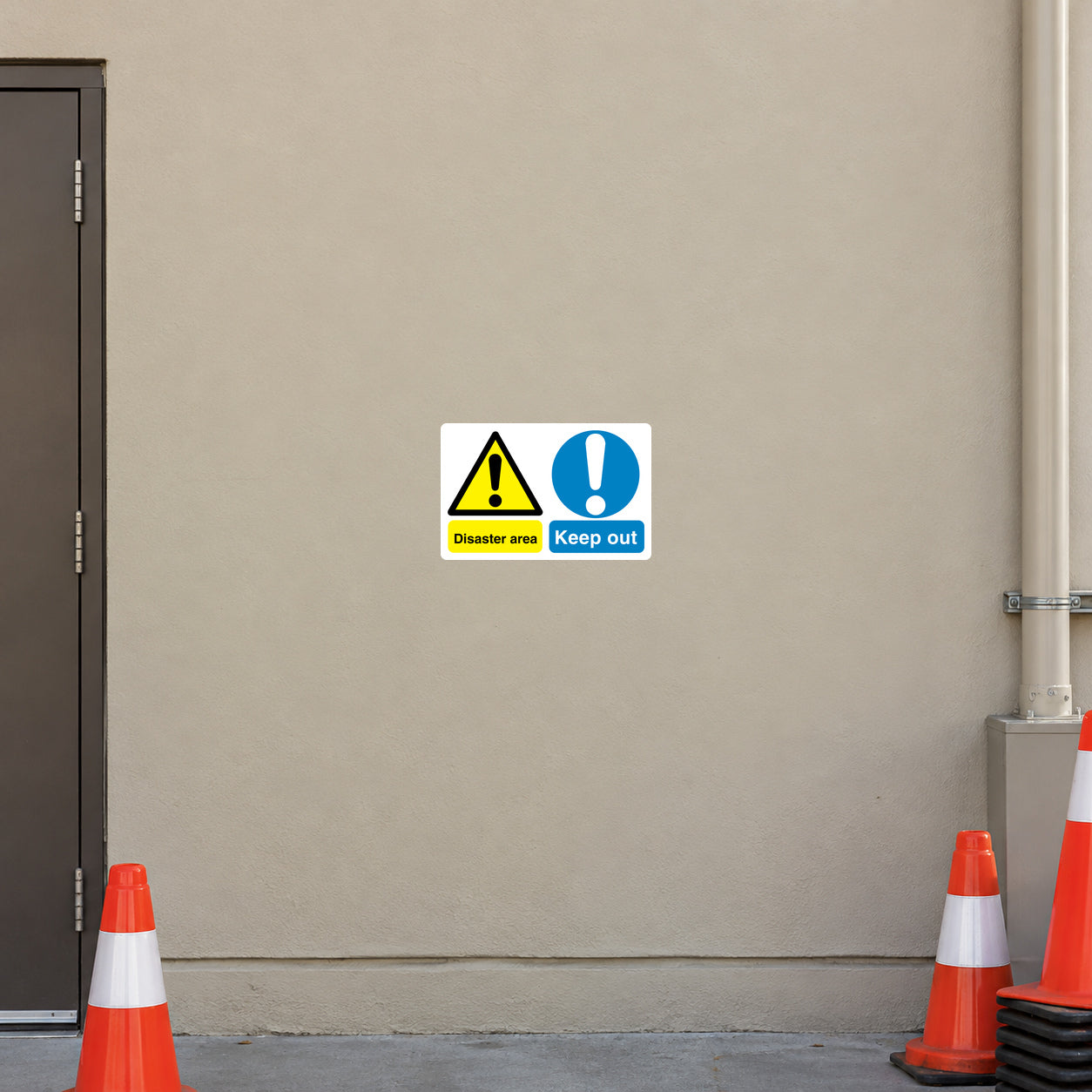 Safety sign sticker: yellow warning triangle with 'Keep out' and 'Disaster area' text