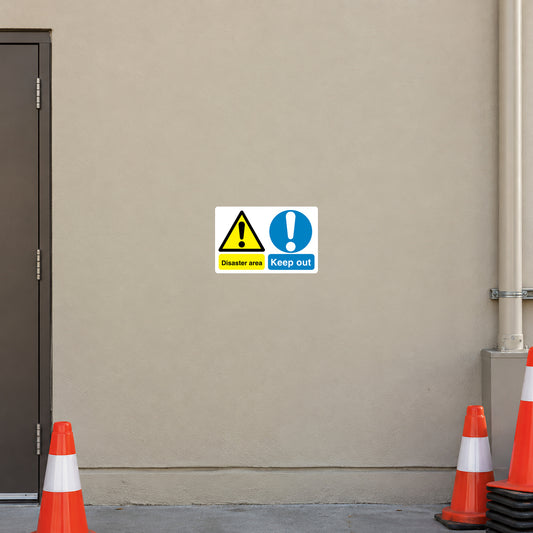 Safety sign sticker: yellow warning triangle with 'Keep out' and 'Disaster area' text