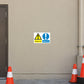Safety sign sticker: yellow warning triangle with 'Keep out' and 'Disaster area' text