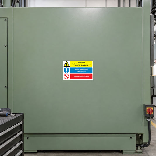 Safety sign sticker with yellow warning icon and red text panel on green surface