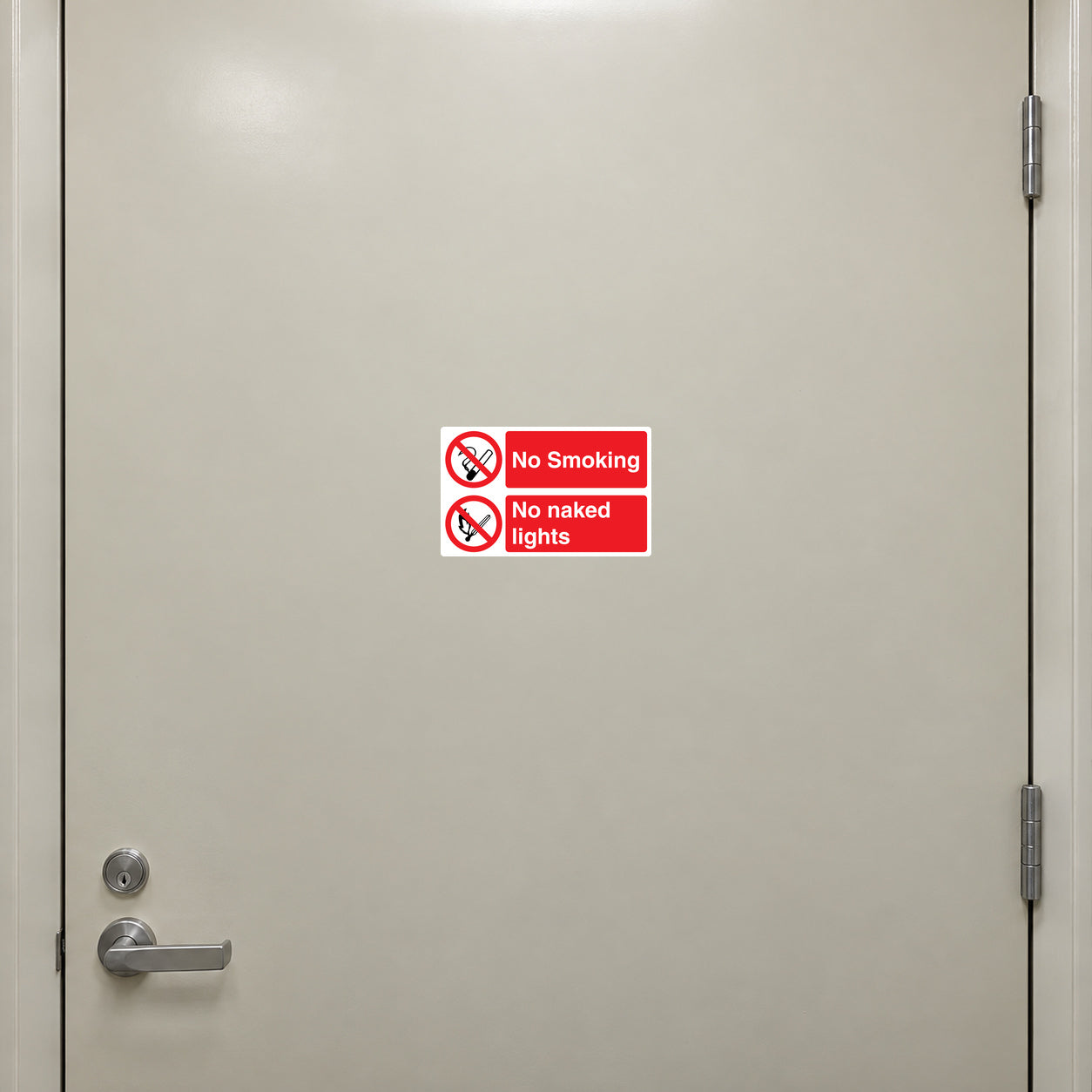 Safety sign sticker with red no smoking and no naked lights text