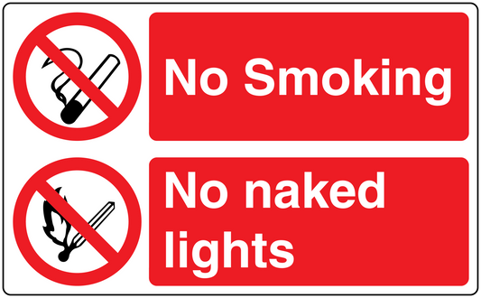 Safety sign sticker: No Smoking and No Naked Lights text labels
