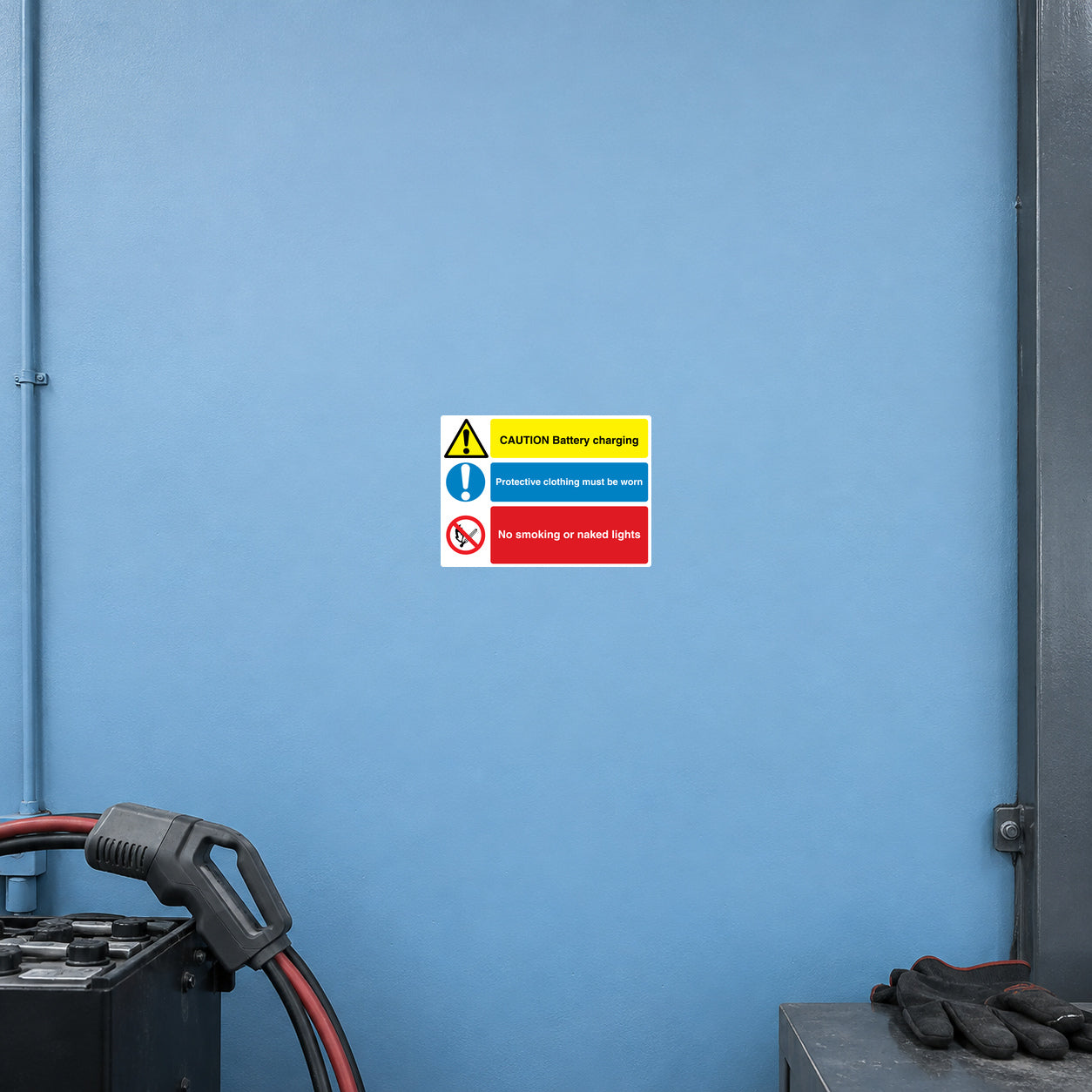 Caution Battery Charging safety sign sticker with warning icons and text