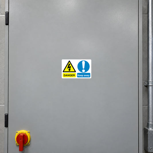 Safety sign sticker with yellow DANGER triangle and blue Keep away text
