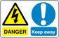 Safety sign sticker with yellow danger triangle, lightning icon, and blue keep away notice
