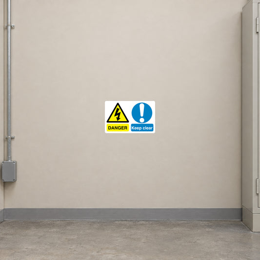 Safety sign sticker with yellow hazard triangle and 'DANGER' and 'Keep clear' text
