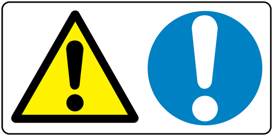 Safety sign sticker with yellow warning triangle and blue exclamation mark symbol