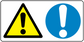 Safety sign sticker with yellow warning triangle and blue exclamation mark symbol
