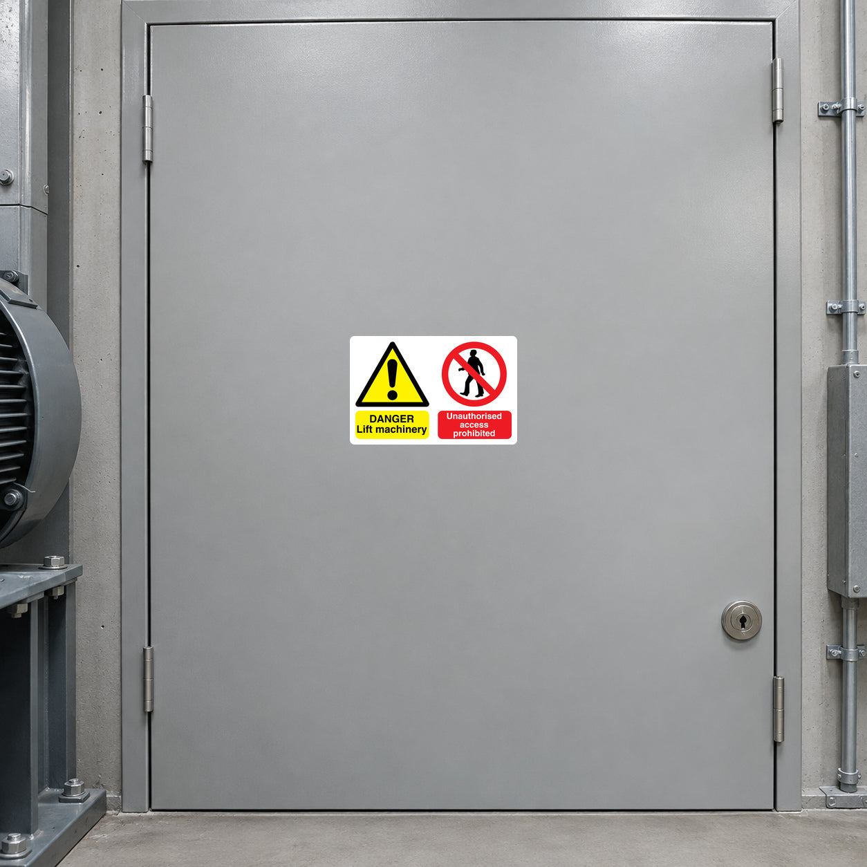 Safety sign sticker set with warning triangle and no-entry symbol on gray door