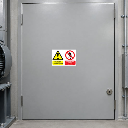 Safety sign sticker set with warning triangle and no-entry symbol on gray door