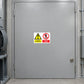 Safety sign sticker set with warning triangle and no-entry symbol on gray door