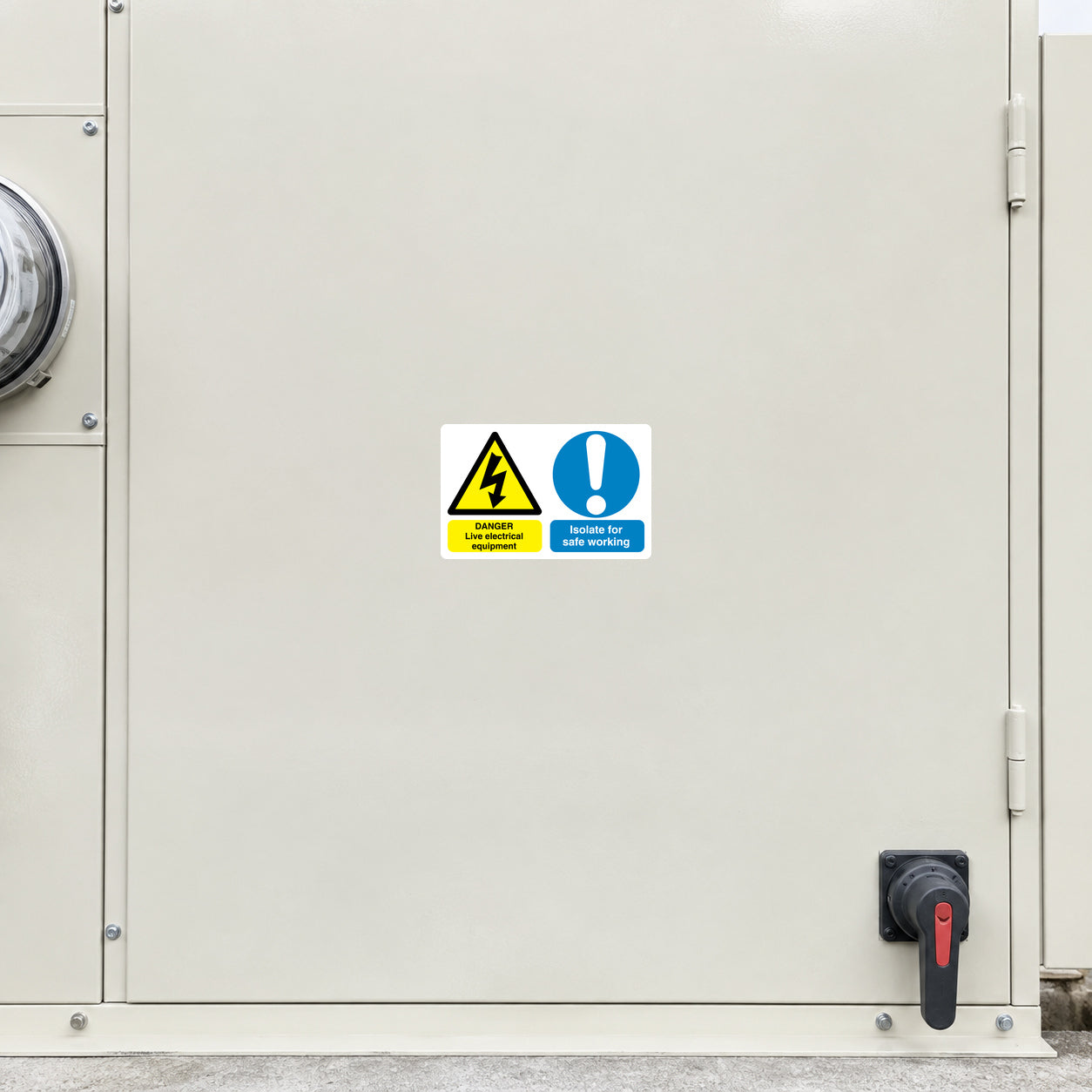 Safety sign sticker with yellow warning triangle and blue information icon