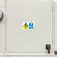Safety sign sticker with yellow warning triangle and blue information icon
