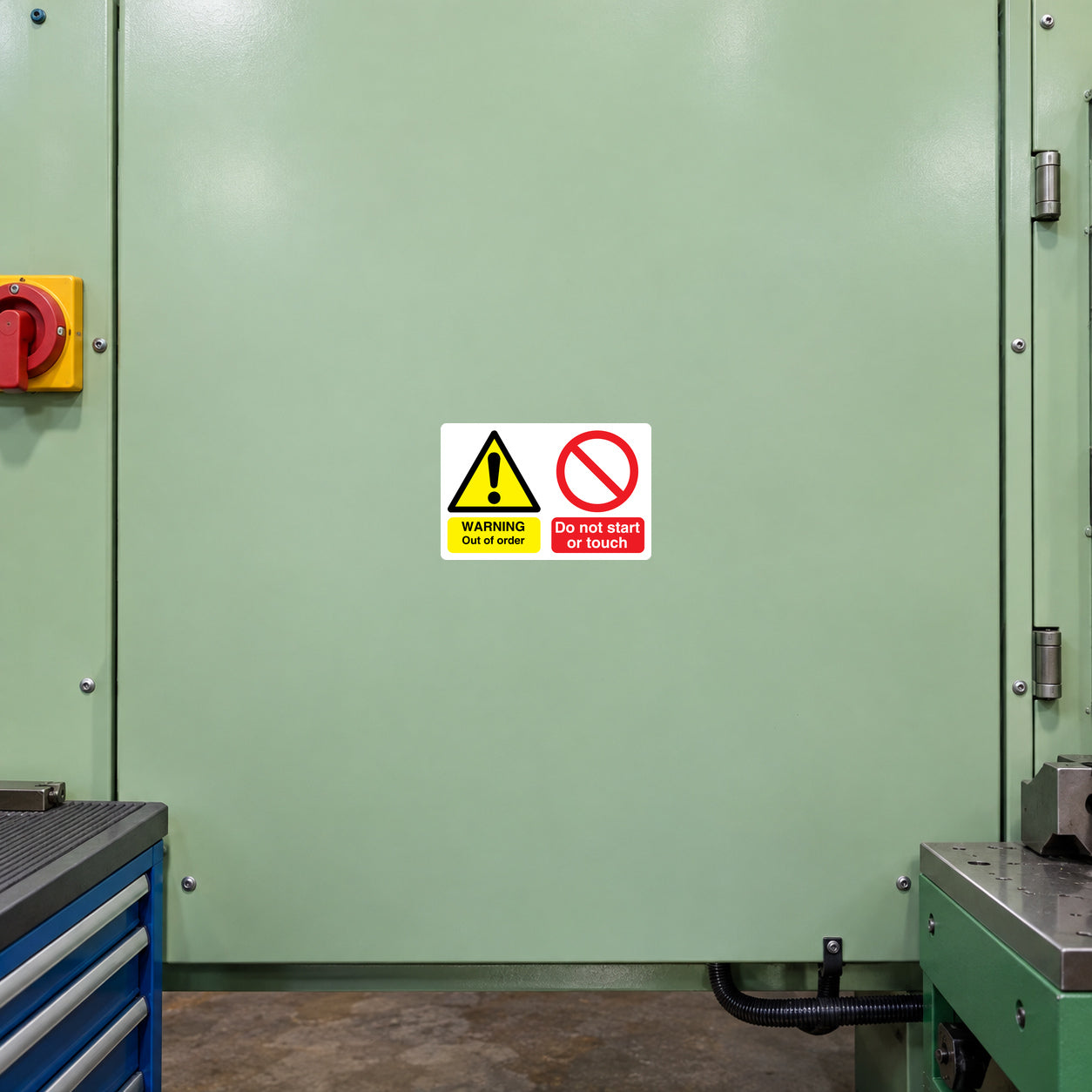 Safety sign sticker with yellow warning triangle and red “Do not start or touch” symbol