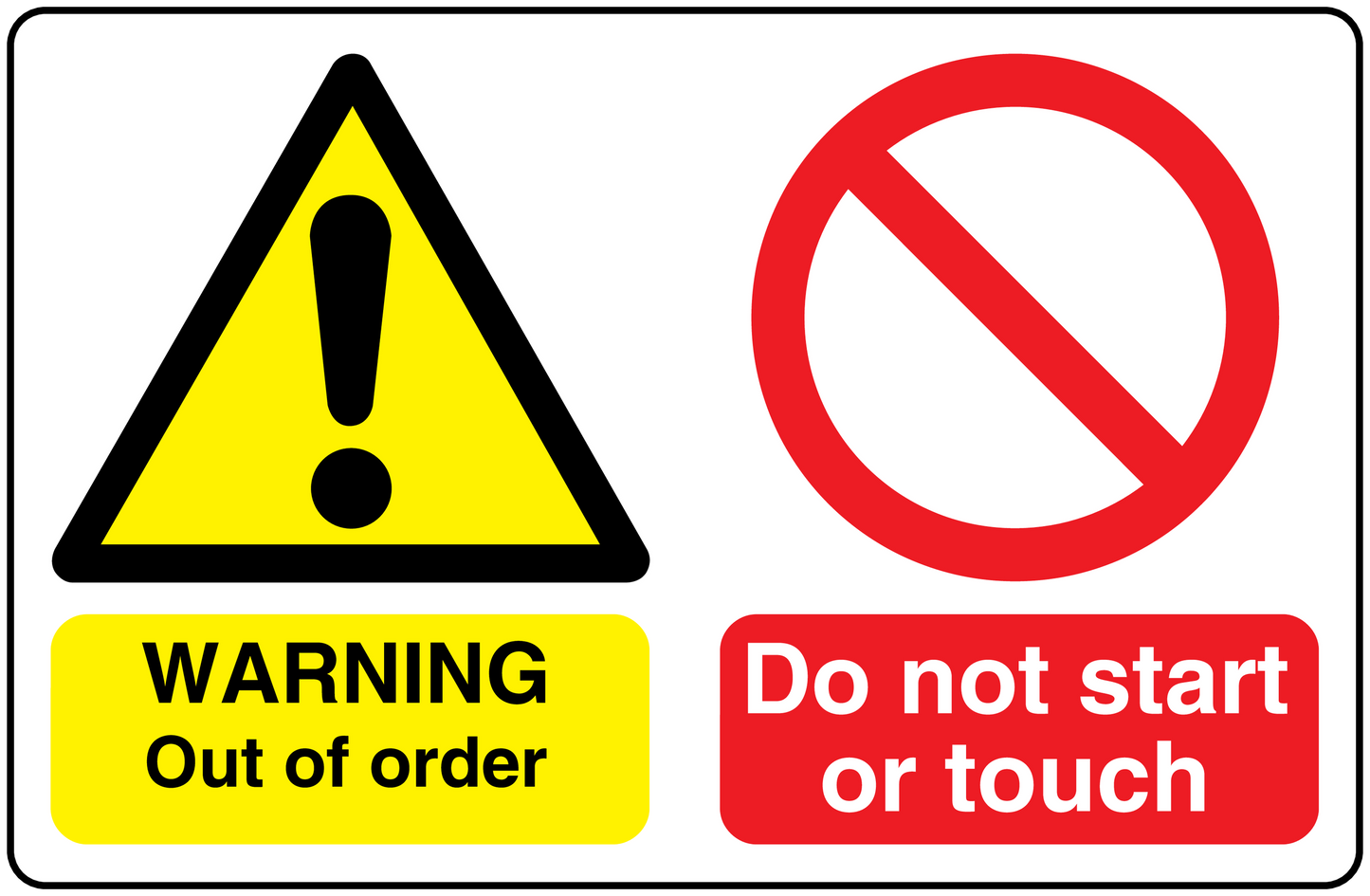 Safety sign sticker with yellow warning triangle and WARNING Out of order message