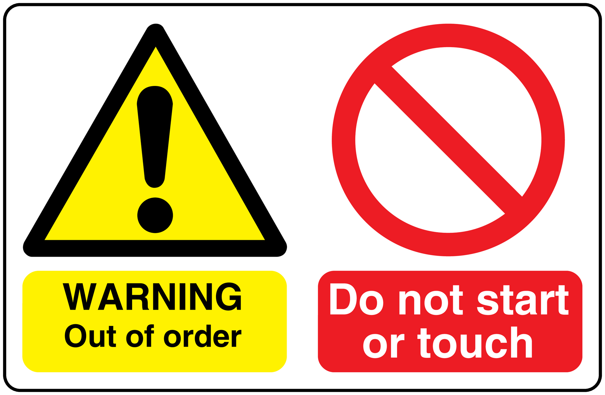 Safety sign sticker with yellow warning triangle and WARNING Out of order message