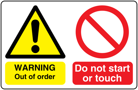 Safety sign sticker with yellow warning triangle and WARNING Out of order message