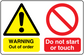 Safety sign sticker with yellow warning triangle and WARNING Out of order message