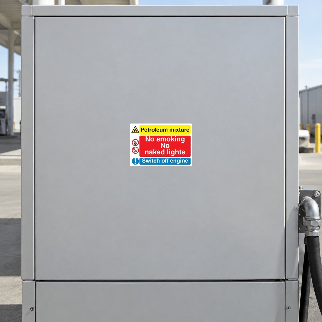 Safety sign sticker: petroleum mixture warning—no smoking, no naked flames, switch off engine.