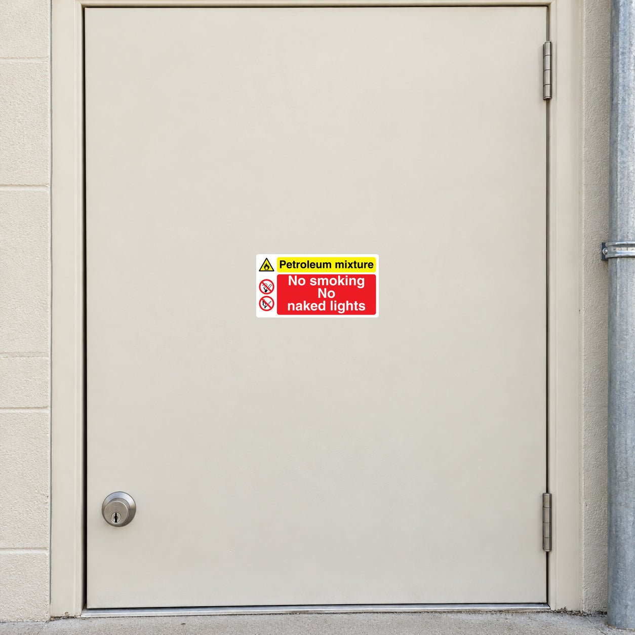 Safety sign sticker with warning triangle and text: No smoking, naked lights, petroleum mixture