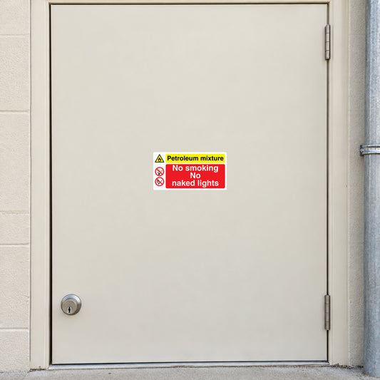 Safety sign sticker with warning triangle and text: No smoking, naked lights, petroleum mixture