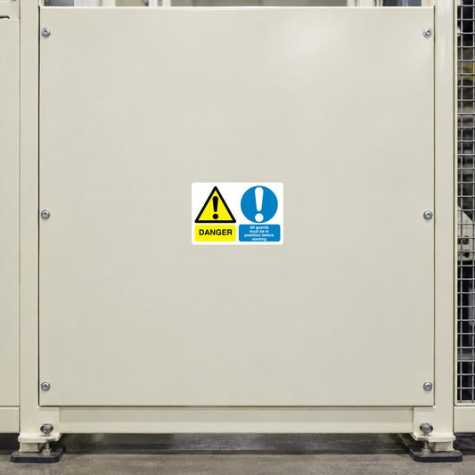 Safety sign sticker with yellow warning triangle and blue information caution icon