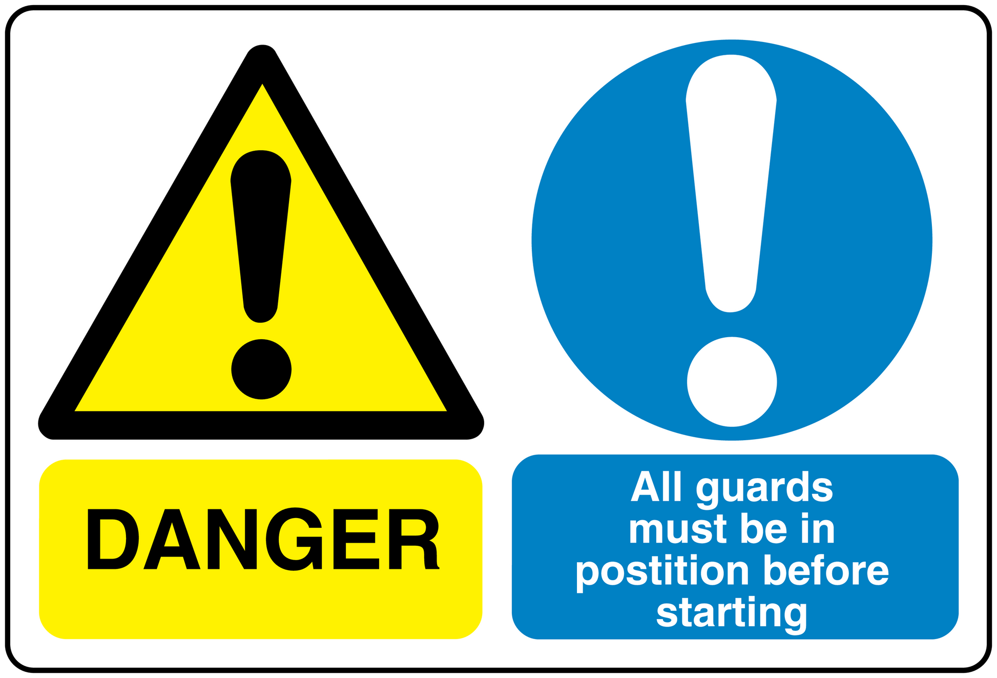 Danger safety sign sticker: yellow warning triangle, blue exclamation, 'DANGER' label